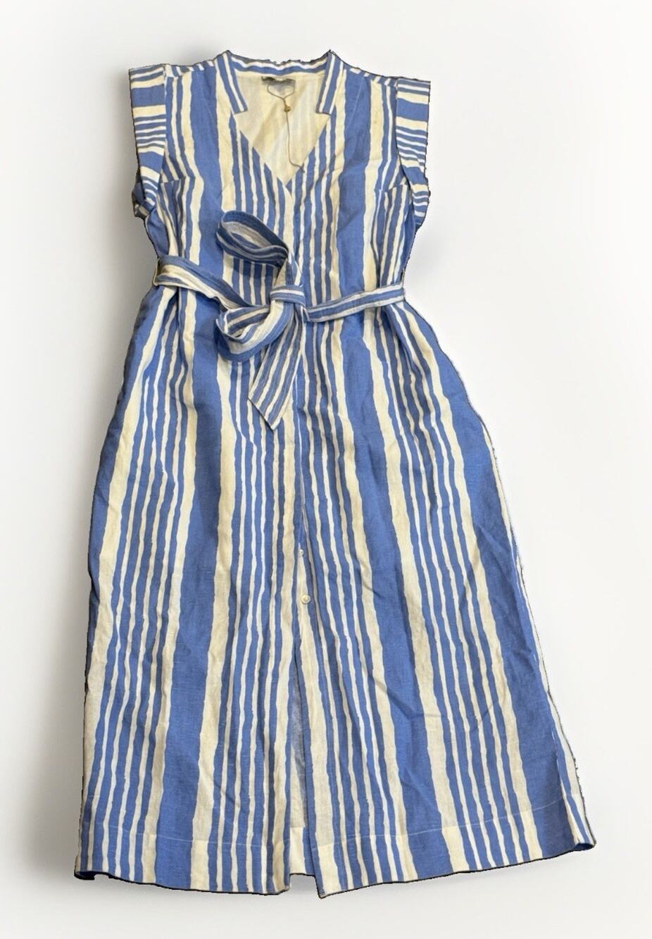 Cleobella Striped Midi Dress Linen Blend Womens Size S Blue White W/ Waist Tie